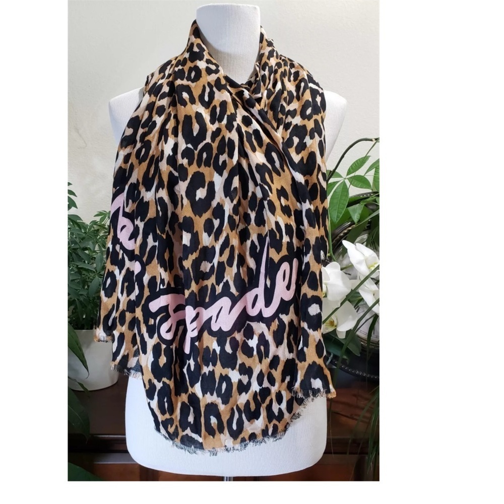NEW KATE SPADE NY Scarf Logo Women Viscose Brown Leopard Animal Print Fringe 29” - Picture 6 of 7